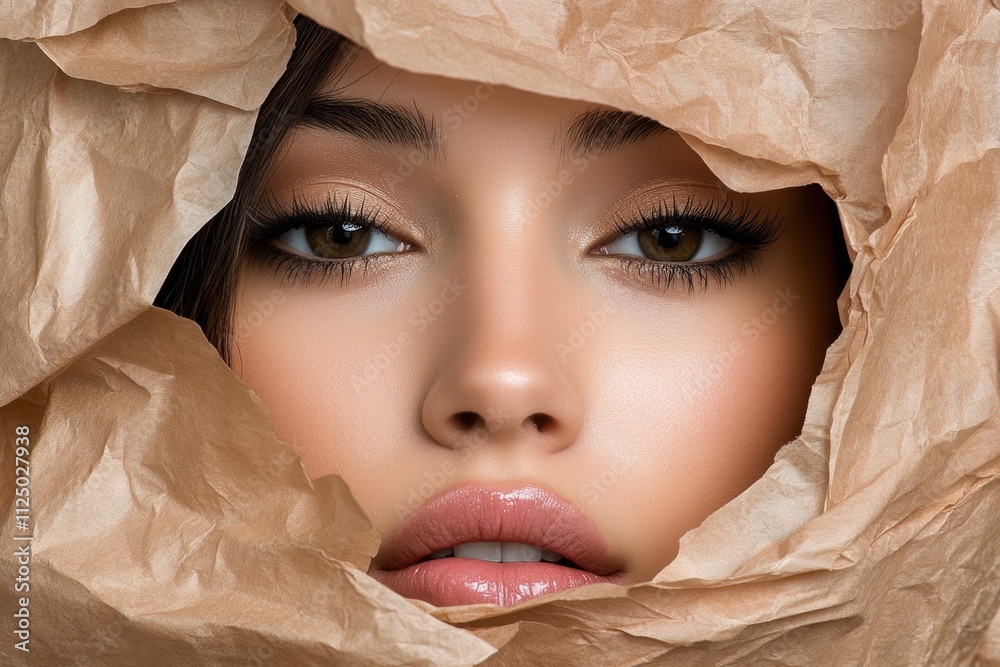 Poster a dramatic image of a woman with tissue covering her face, evoking a sense of enigma and artistic ab