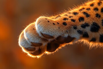 Close-up of a leopard's paw bathed in the warm glow of sunlight, showcasing its powerful grace.