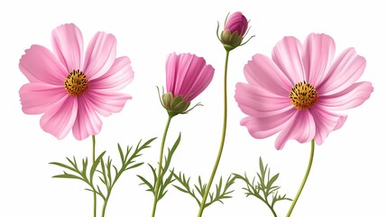 A beautiful arrangement of pink cosmos flowers in various stages of bloom, showcasing delicate petals and green foliage.