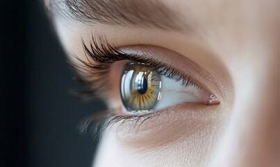Close-up of a person's hazel eye with long eyelashes.