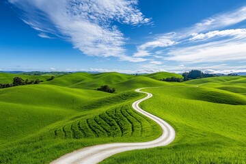 A driver view of a winding country road, with rolling green hills and grazing sheep on either side
