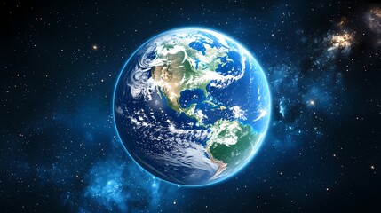 Fototapeta premium Vibrant view of Earth from space, showcasing North and South America against a backdrop of stars.