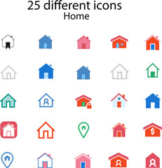 Home icon set with 25 different home ringing icons for iOS.Contains filled icons symbolizing homes, doorbells, alerts, smart home systems, and residential security.
