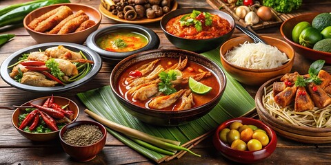Fototapeta premium Close-Up of Singaporean Cuisine: A Delicious Spread Featuring Bak Kut Teh, Hainanese Chicken Rice, Hokkien Mee, Laksa Soup, and Nasi Lemak in Vibrant Asian Food Presentation