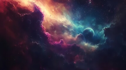 Obraz premium A vibrant cosmic scene showcasing swirling clouds of gas and a distant planet, evoking a sense of wonder and exploration.