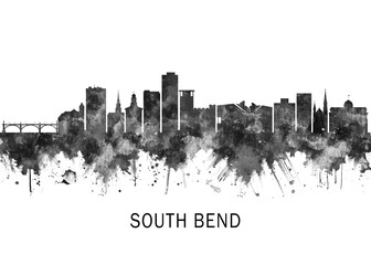 Fototapeta premium South Bend Indiana Skyline BW, cityscape landscape watercolor abstract painting splash travel art illustration graphic design urban art modern downtown