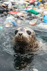 Fototapeta premium A seal trying to swim in a sea filled with plastic waste, visibly struggling