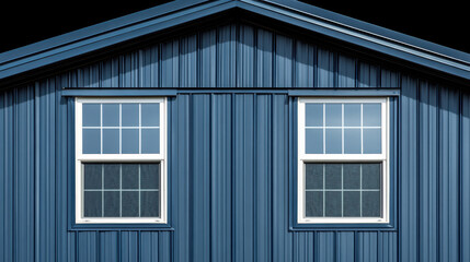 Fototapeta premium Modern blue house exterior with two windows showcasing sleek design. metal siding adds contemporary touch, perfect for architectural inspiration