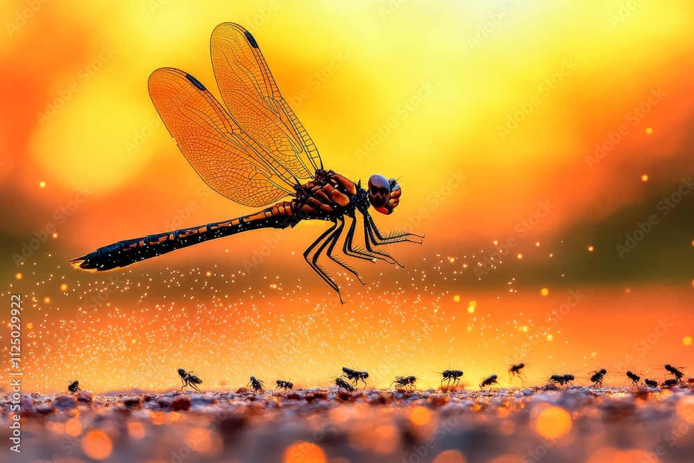 Poster a dynamic image of a dragonfly chasing smaller insects in the golden light of sunset, with its silho