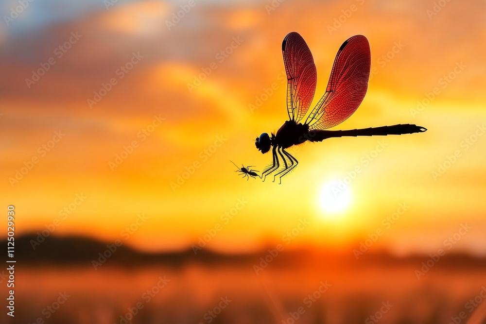 Poster a dynamic image of a dragonfly chasing smaller insects in the golden light of sunset, with its silho