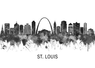 St. Louis Missouri Skyline BW, cityscape landscape watercolor abstract painting splash travel art illustration graphic design urban art modern downtown