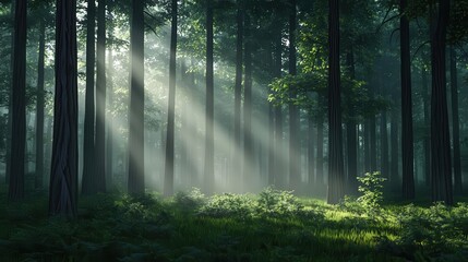 Fototapeta premium Forest clearing bathed in morning sunlight with visible mist from transpiration and stomatal activity