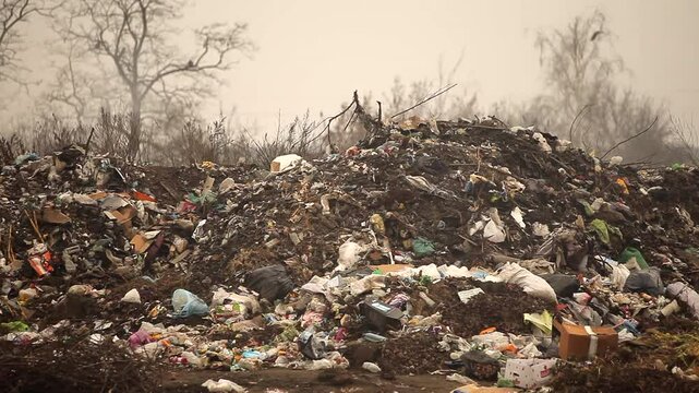 A large heap of various types of waste and debris, including plastic, paper, cardboard, and other discarded materials,
