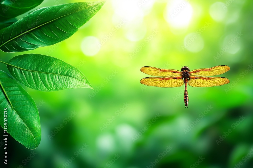 Poster A dynamic photo of a dragonfly in a rainforest, surrounded by lush greenery and filtered light breaking through the canopy