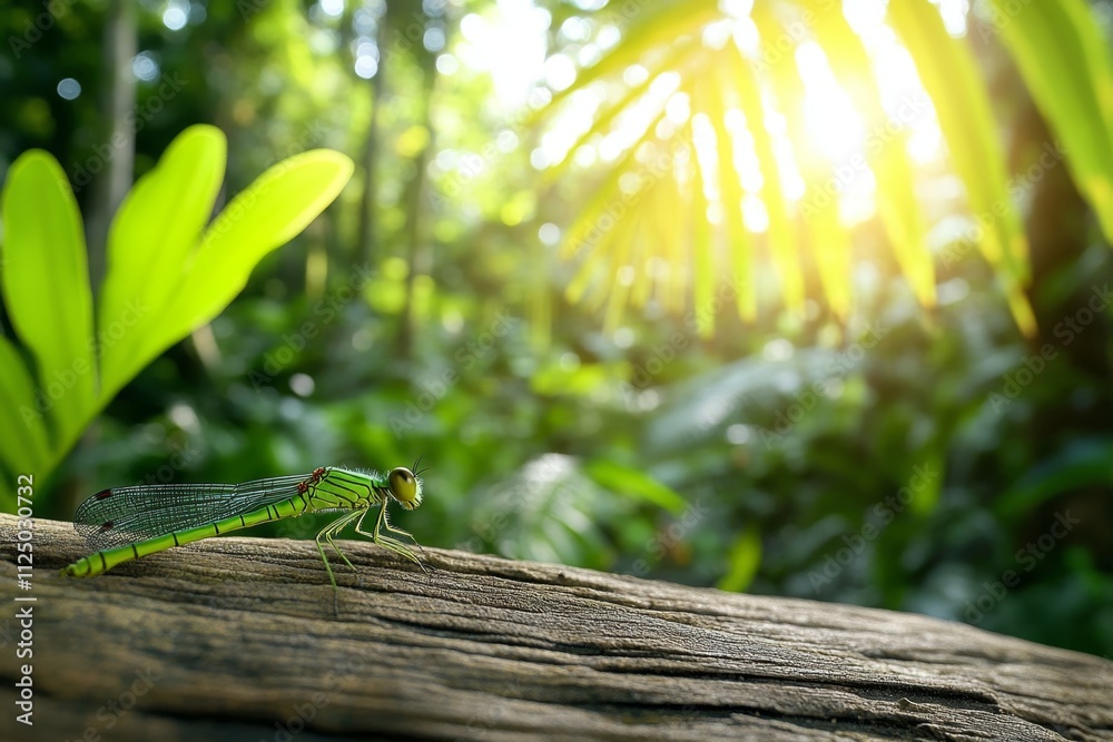 Poster A dynamic photo of a dragonfly in a rainforest, surrounded by lush greenery and filtered light breaking through the canopy