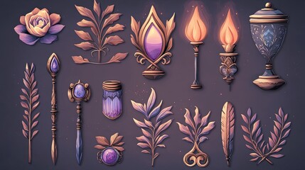 Fantasy game assets  flowers, leaves, wands, lamps, and jewels.