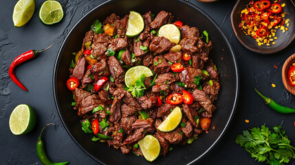 High-angle view of spicy beef salad arranged in a dark bowl, with lime and chili slices
