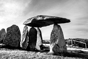 The mysterious and dramatic neolithic dolmen Pentra Ifan, Wales, in black and white