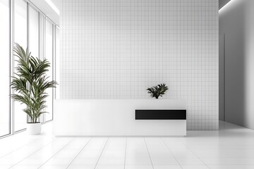 Luxury and contemporary lobby area interior design in white and wood style with reception counter, hardwood floor and elegance corridor. beauty spa or office reception. 3d render, 3d illustration
