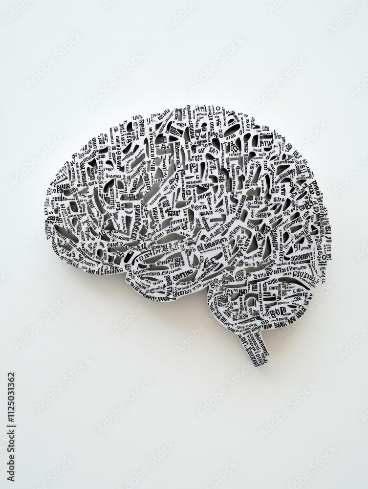 Poster a creatively designed brain shape forms from words and phrases, perfect for captions against a clear