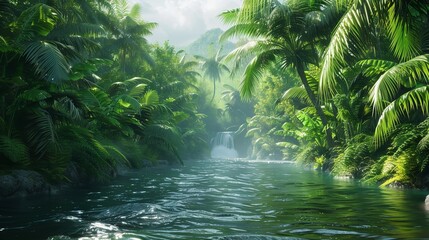 A tranquil river winding through the heart of a dense tropical jungle, with vibrant greenery reflected in its calm waters vector art illustraion generative AI.