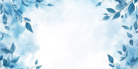 Elegant blue watercolor frame with floral leaf accents, creating a delicate and romantic border for invitations or designs with a textured background and ample copy space.