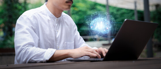 businessman using Ai technology in business by artificial intelligence,  smart robot AI, Futuristic technology transformation, using AI technology for developing running business on cloud computing