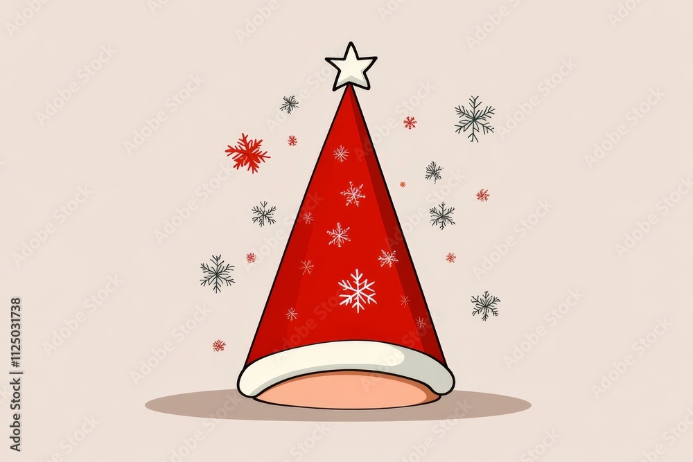 Poster A flat design of a dwarf red Christmas hat adorned with snowflakes, set against a neutral background