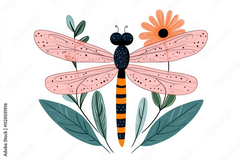 Poster a flat vector design of a dragonfly resting on a flower, with bold outlines and soft pastel colors o