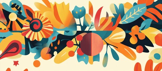 Vibrant floral and leaf design with abstract shapes and warm colors.