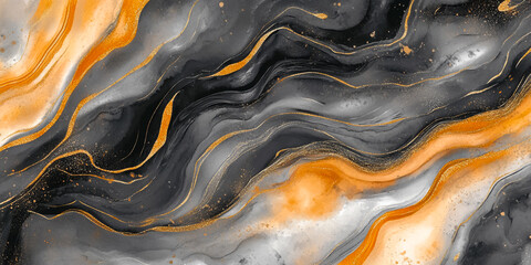 Obraz premium Liquid swirls of orange and black marble texture, accented with gold veins, create an abstract and luxurious background with a sense of fluid movement.