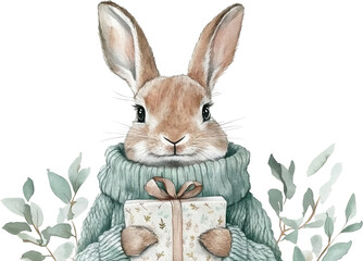 Obraz premium cute rabbit wearing cozy sweater holds gift surrounded by leaves, evoking warm and festive atmosphere. Perfect for holiday themes and illustrations
