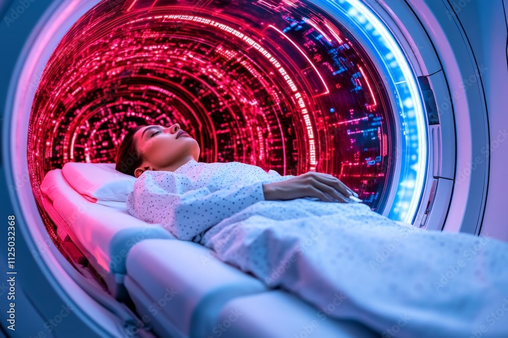 Leinwandbilder a futuristic depiction of a person dreaming in a high-tech sleep pod, surrounded by glowing holograp