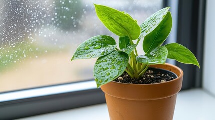 Morning light on a houseplant with water droplets forming on its leaves, showcasing stomata activity