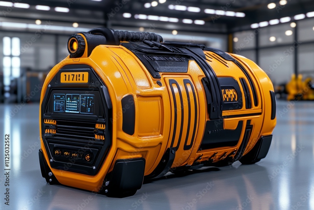 Poster A futuristic depiction of a sleek, high-tech air compressor with a digital interface and glowing components, set in a modern industrial environment