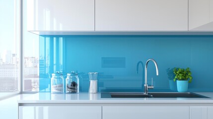 Fototapeta premium A white kitchen with vibrant blue accent cabinets and backsplash.