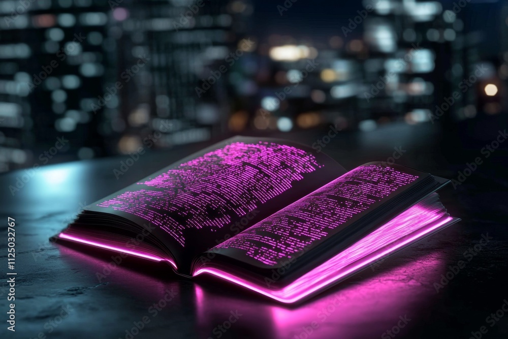 Poster a glowing cyberpunk-style digital document, surrounded by neon lights and holographic data streams i