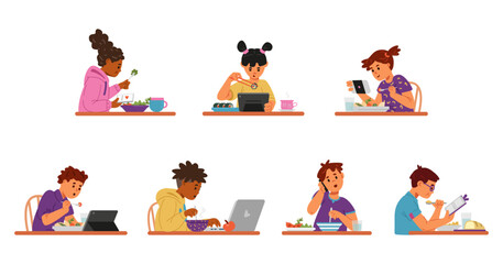 Different children using gadgets while eating flat vector illustrations set isolated on white. Gadget addiction problem.