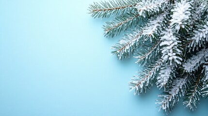 Obraz premium Snowy evergreen branches on a light blue background for winter decoration
