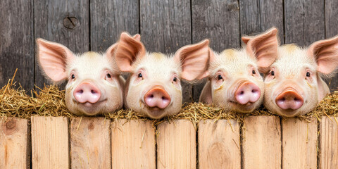 Young piglets peeking over wooden fence with hay, showcasing their playful nature