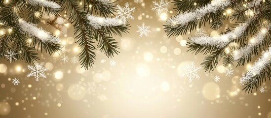 Festive winter background with snow-covered pine branches, snowflakes, and sparkling lights on a gold backdrop.