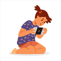 Girl sitting on knees playing smartphone flat vector illustration isolated on white.