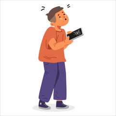 Little boy holding broken smartphone crying flat vector illustration isolated on white.