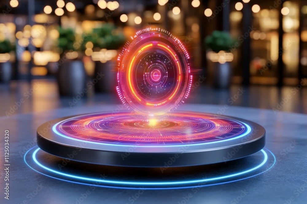 Poster a high-tech holographic document floating above a futuristic desk, with glowing data and touchable e
