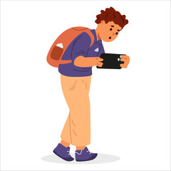 School boy with backpack walking playing smartphone flat vector illustration isolated on white.