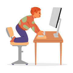 Little boy watching to computer screen flat vector illustration isolated on white.