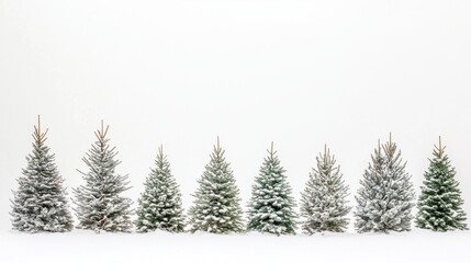 Obraz premium A beautiful collection of snow-topped Christmas trees on a white background, creating a classic and serene holiday aesthetic. Space for text.