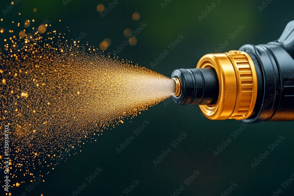 Poster A hyper-realistic close-up of an air compressor in action, showing tiny dust particles being blown away and reflections on its polished surface