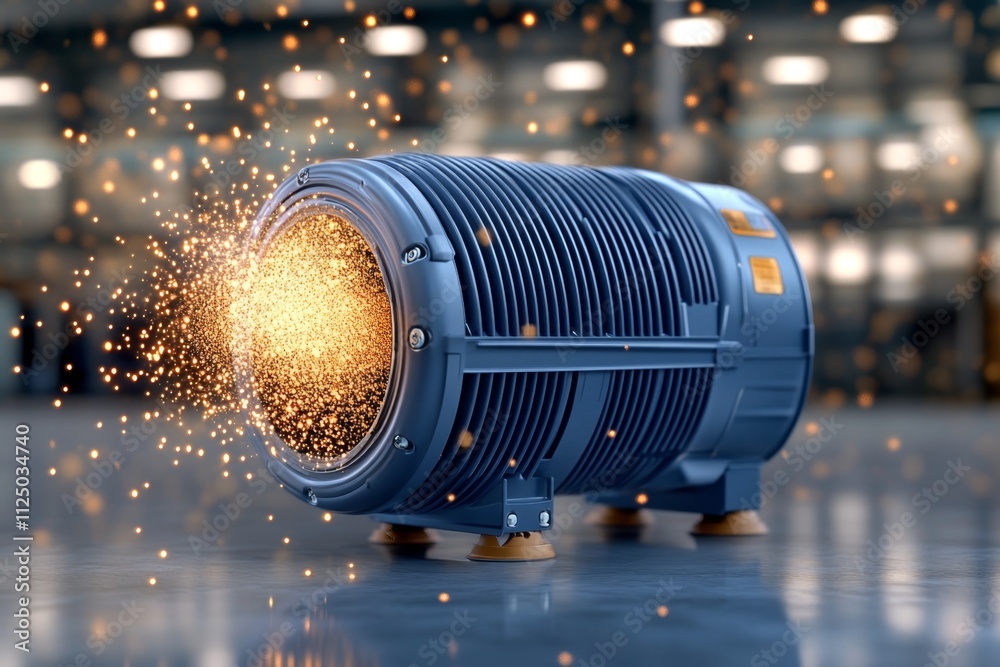 Poster A hyper-realistic close-up of an air compressor in action, showing tiny dust particles being blown away and reflections on its polished surface
