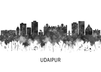 Fototapeta premium Udaipur Rajasthan Skyline BW, cityscape landscape watercolor abstract painting splash travel art illustration graphic design urban art modern downtown